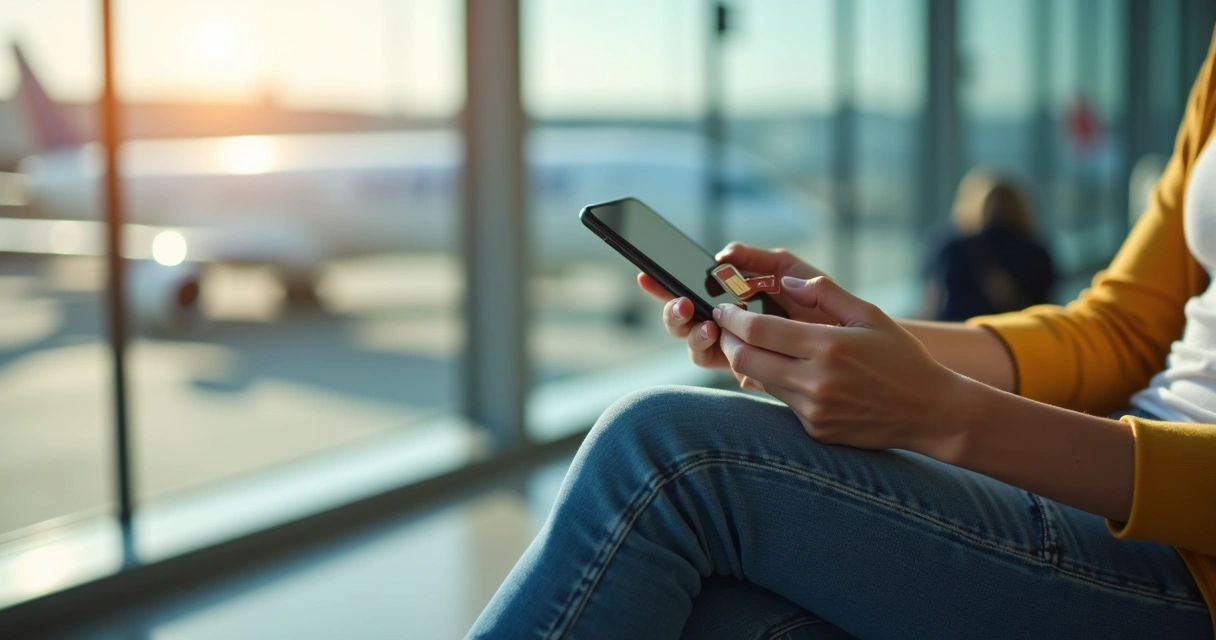 Pessoa ativando chip internacional no celular em aeroporto 