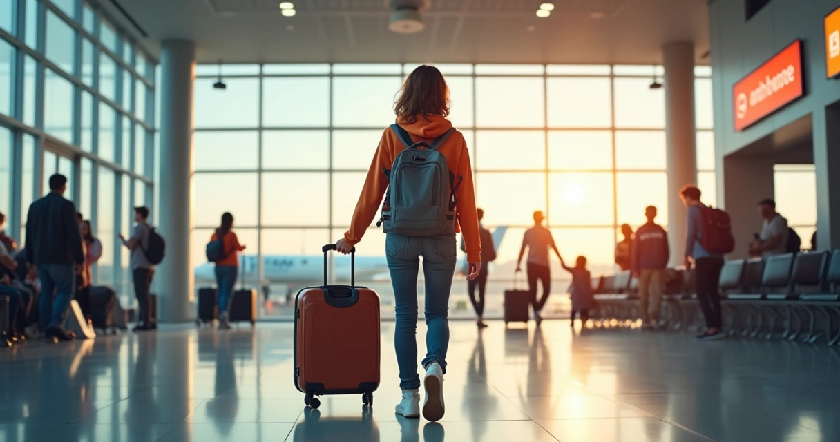 Estudante caminhando em aeroporto com malas 