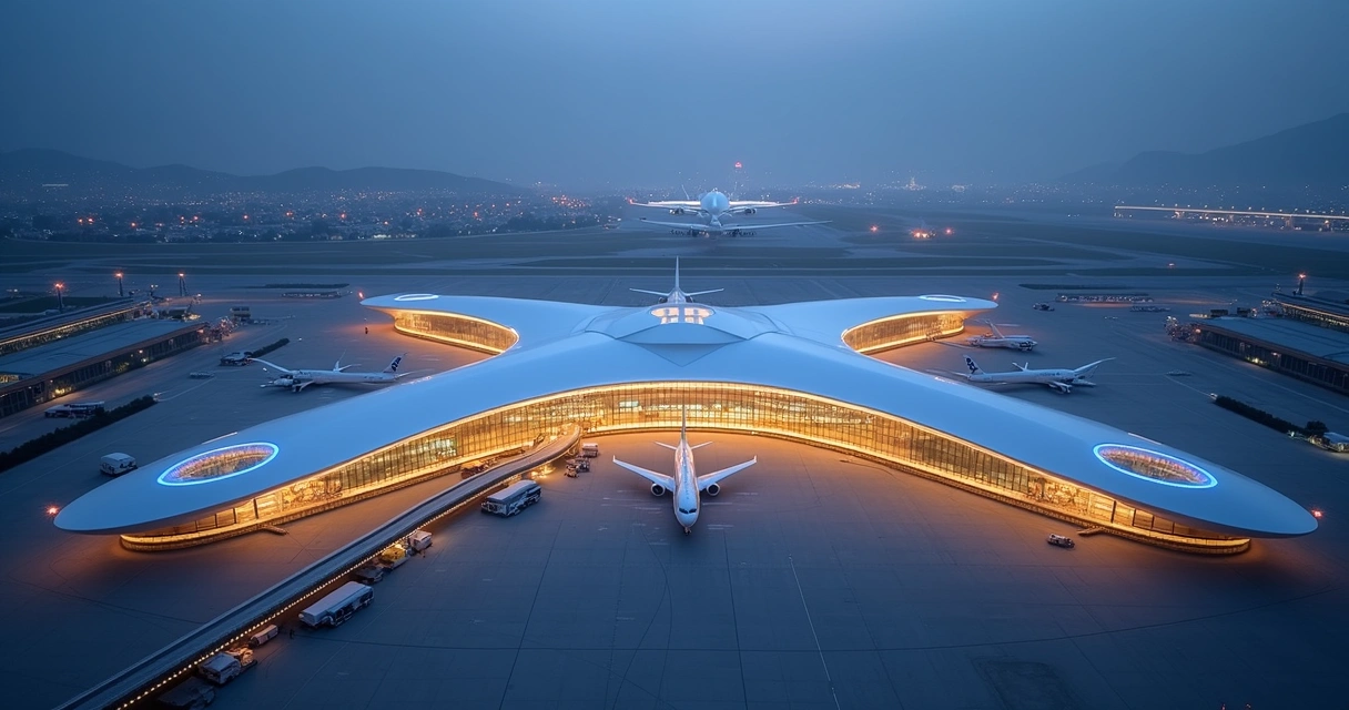 Vista aérea do terminal futurista em X do aeroporto de Chongqing à noite 