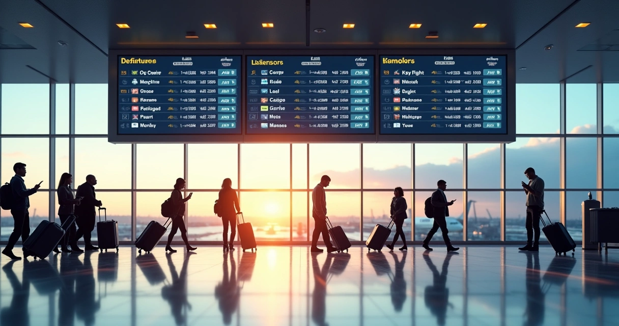 Painel de aeroporto moderno com vários destinos e pessoas se movimentando