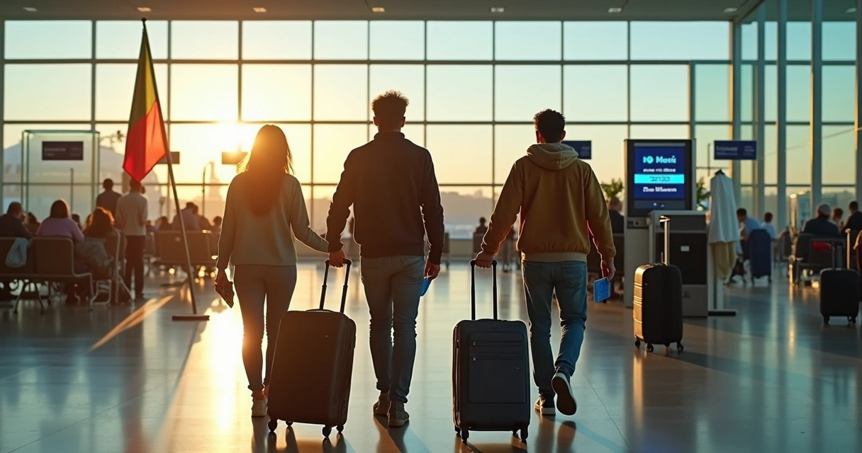 Brasileiros embarcando em aeroporto segurando passaportes