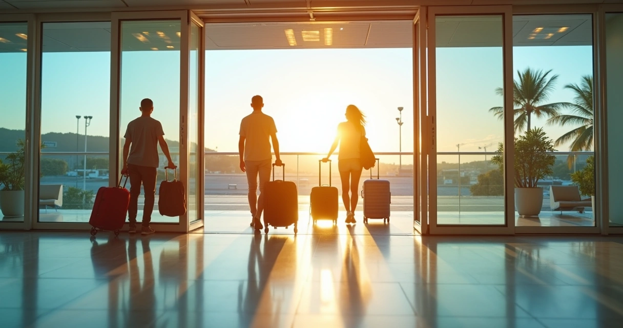 Área de chegada em aeroporto costeiro com viajantes e malas