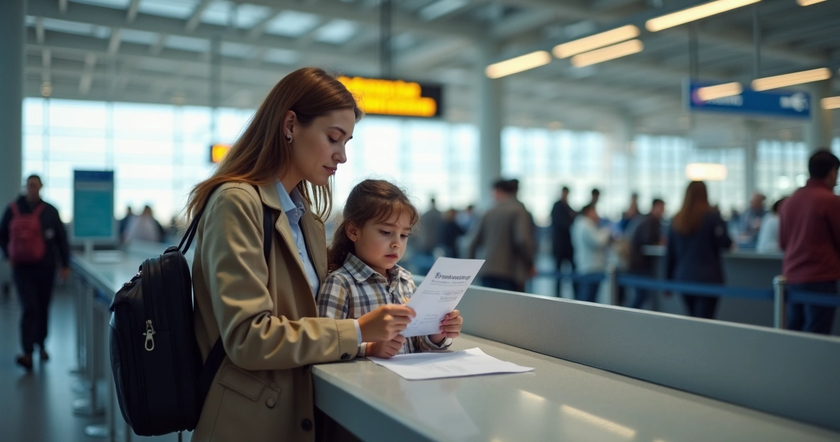 Mãe com criança em fila de check-in no aeroporto, documentos em mãos