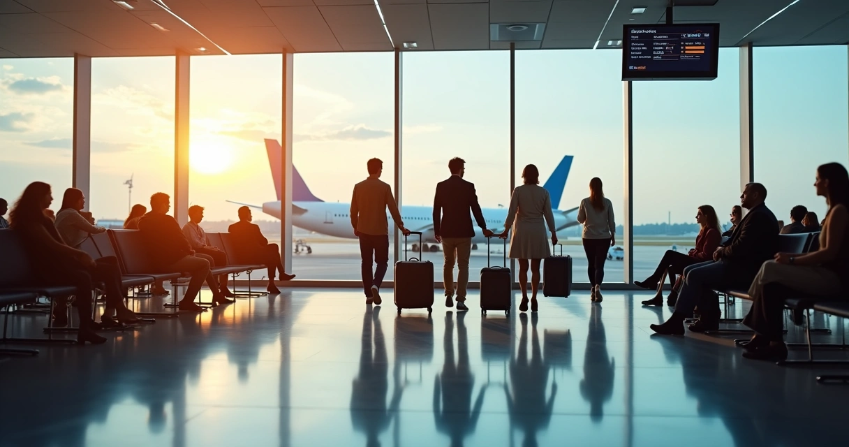 Movimento de pessoas em aeroporto moderno com malas e aviões ao fundo 