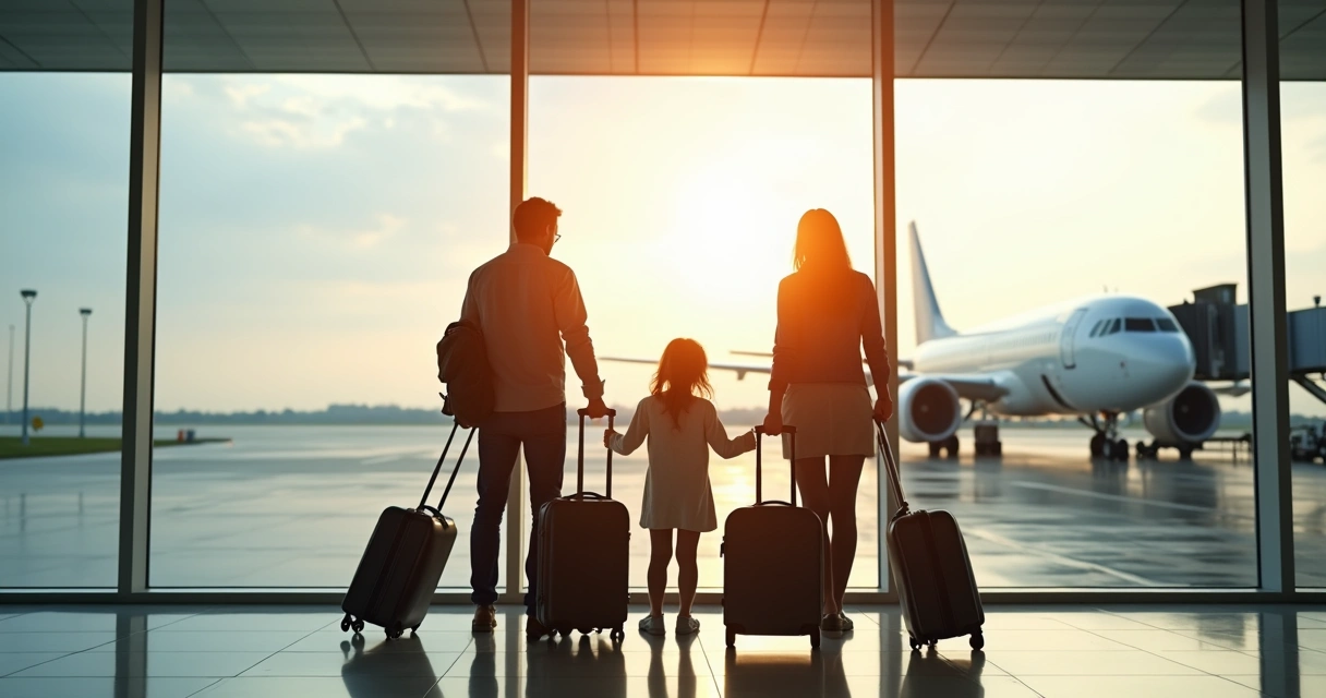 Família com malas em um aeroporto, prontos para embarcar