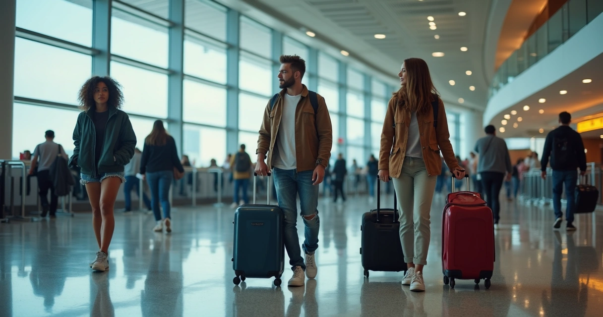 Terminal de aeroporto moderno com estudantes preparando malas 
