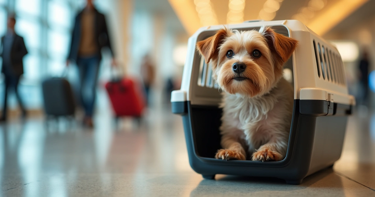 Cão pequeno em caixa de transporte pronto para embarcar no aeroporto 
