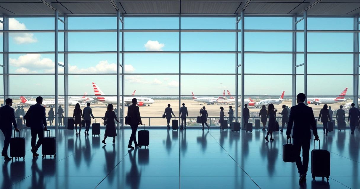 Terminal de aeroporto moderno com passageiros e aviões ao fundo durante o dia 