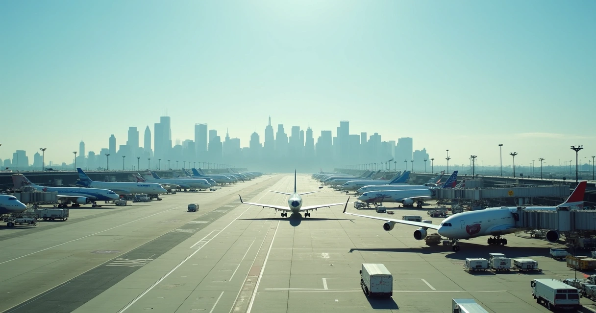Principais aeroportos de Nova York com aviões e arranha-céus de Manhattan ao fundo. 