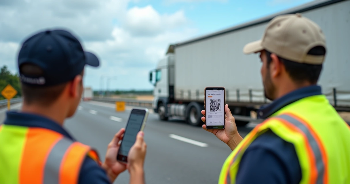 Fiscal rodoviário conferindo AET digital em celular de caminhoneiro 
