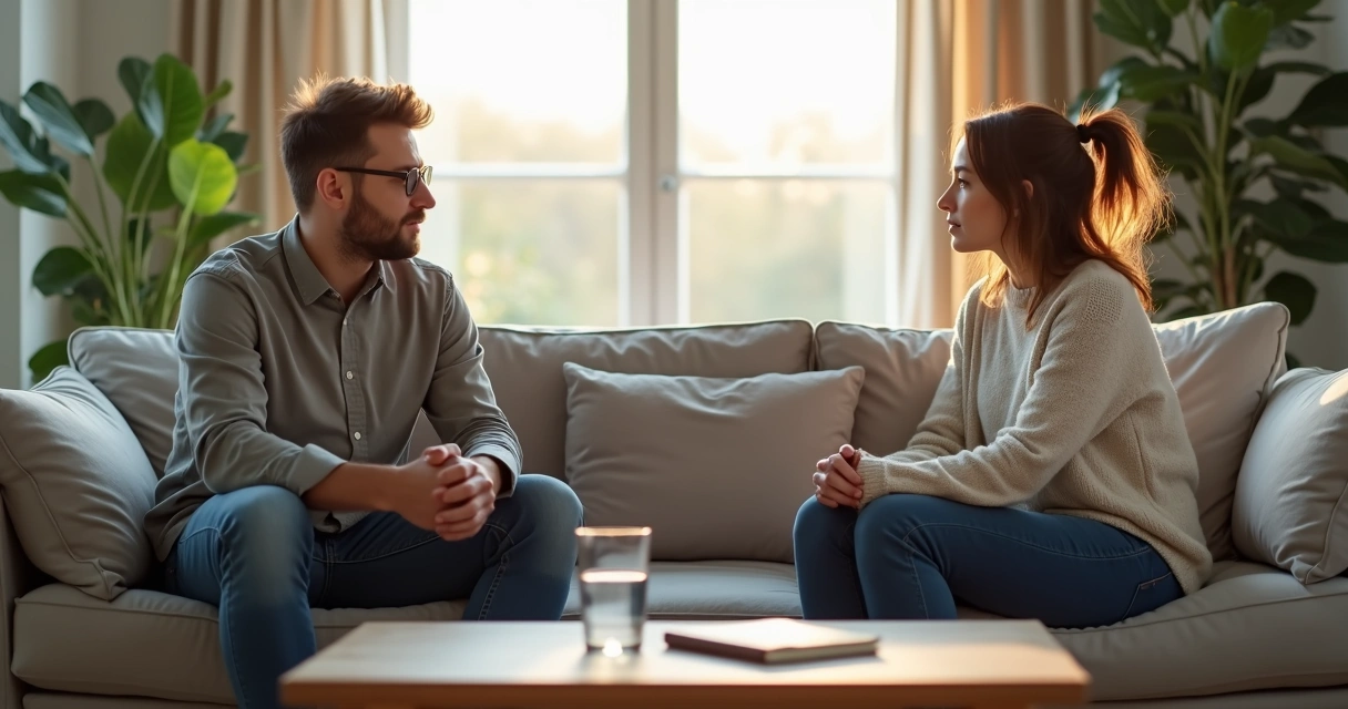 Casal sentado afastado em sofá se olhando com empatia em sala iluminada 
