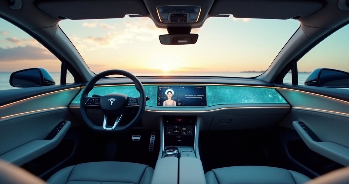 Painel panorâmico do AFEELA 1 com assistente IA em destaque, volante ao centro 