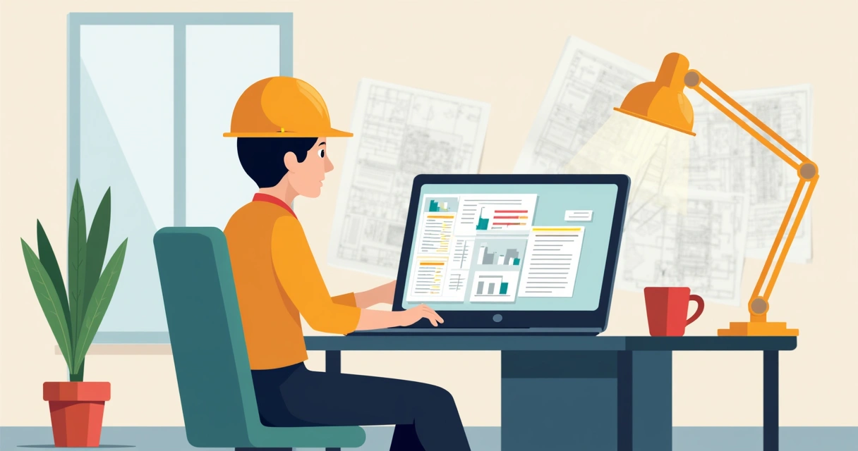 Pessoa utilizando notebook para acessar sistema digital de aferição de obra, com documentos digitais abertos. 