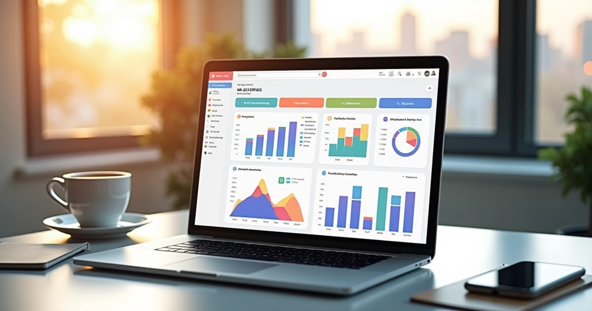 Dashboard screen showing detailed UTM tracking data and affiliate performance charts on a laptop 