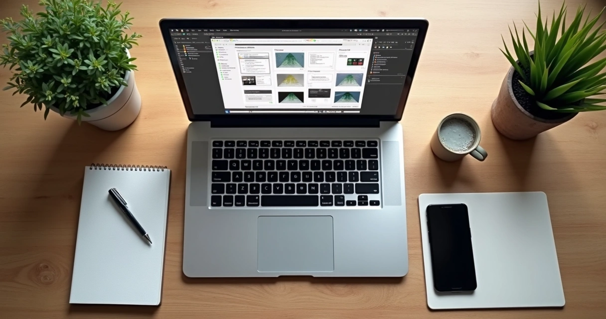 Top view of a modern workspace with laptop showing MVP wireframes, notebook, and smartphone on wooden desk 