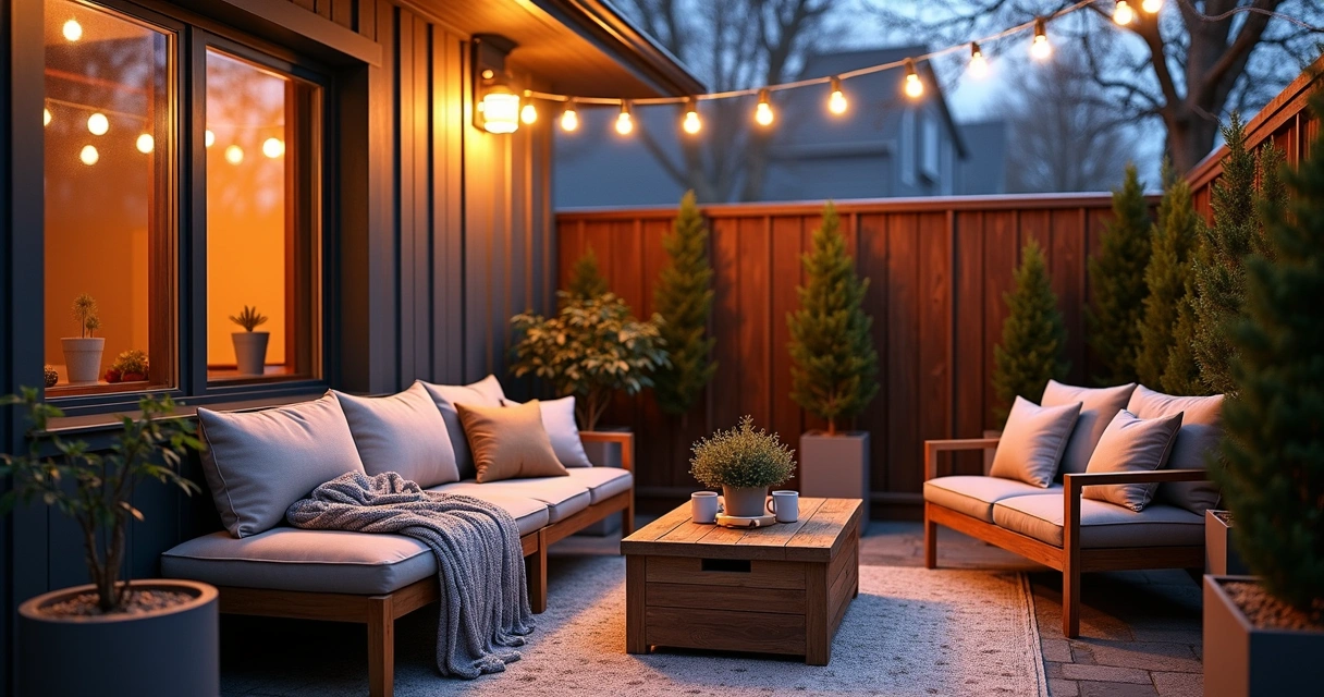 Affordable winter patio setup with cozy textiles and portable heater in urban Austin