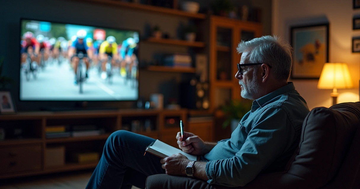 Hombre sentado en el sofá viendo ciclismo y tomando notas en un cuaderno