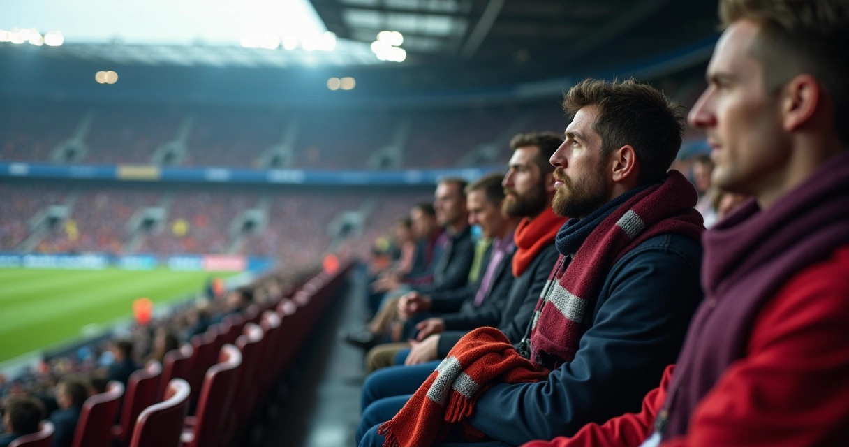 Aficionados con gestos tristes en un estadio de fútbol vacío