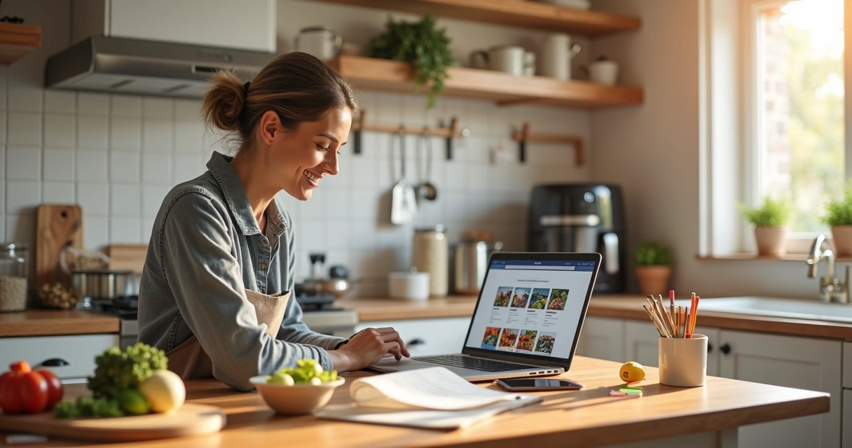 Empreendedora trabalhando com notebook em cozinha caseira com ingredientes organizados em nichos 