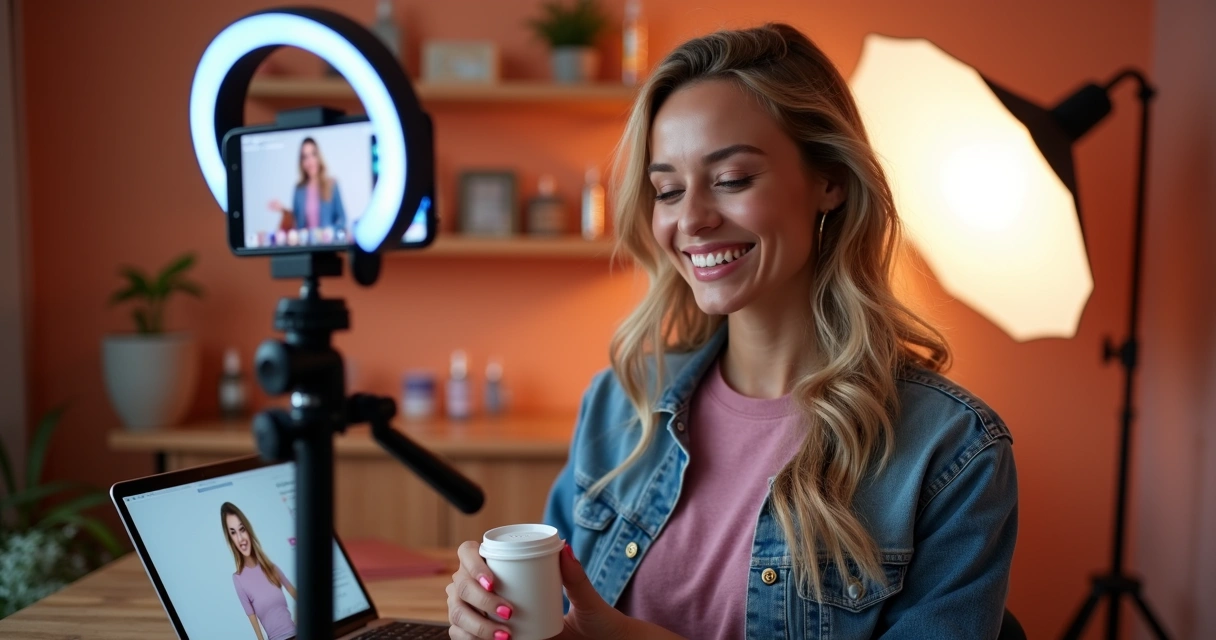 Mulher gravando vídeo promocional com celular para produtos