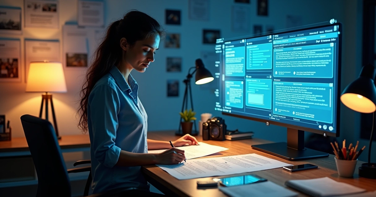 Afiliada em laboratório criativo comparando anotações com hologramas de IA 