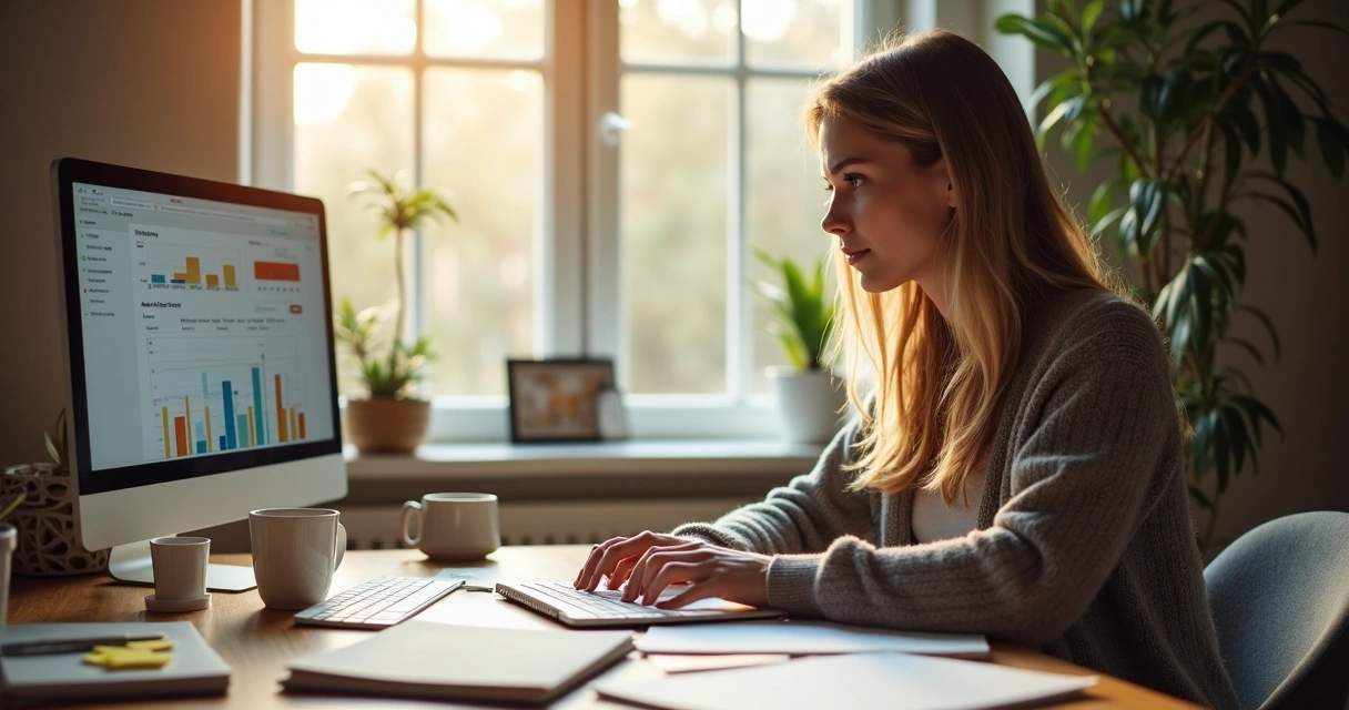 Mulher usando notebook em casa analisando métricas de afiliados