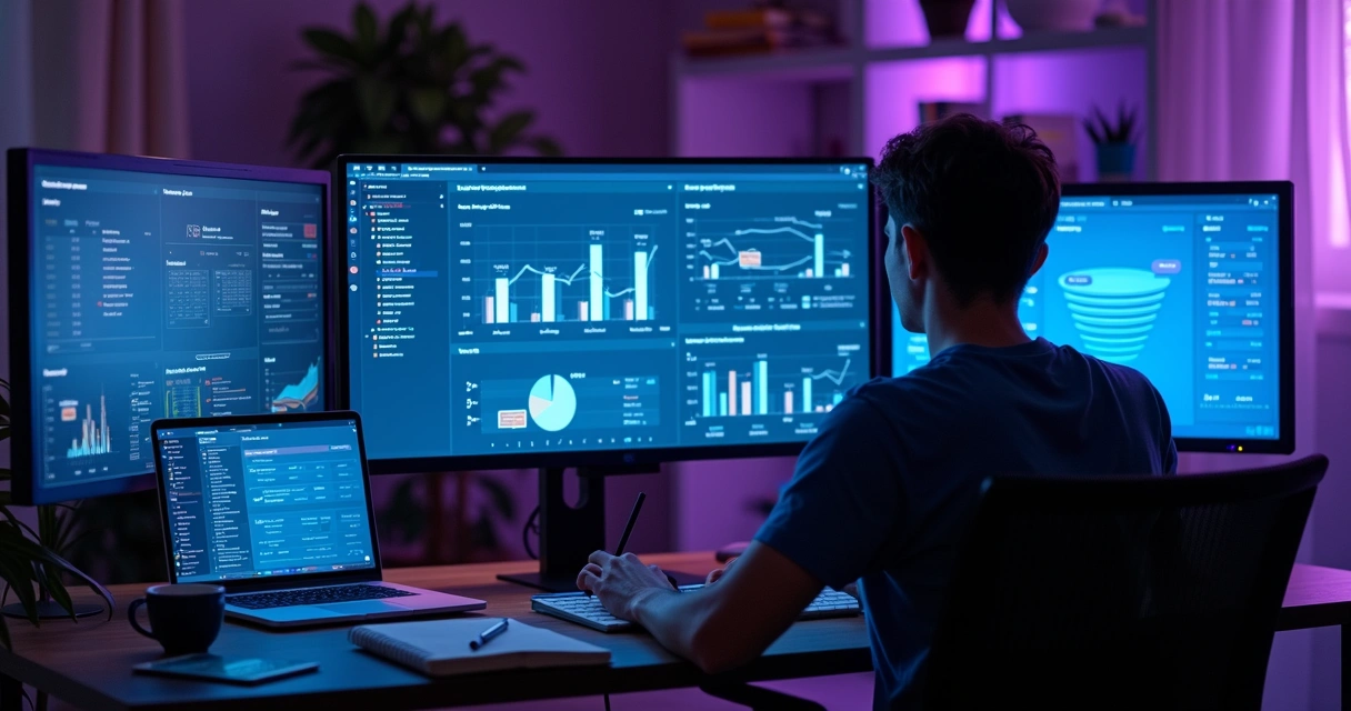 Afiliado analisando painel digital com métricas e ferramentas de marketing 
