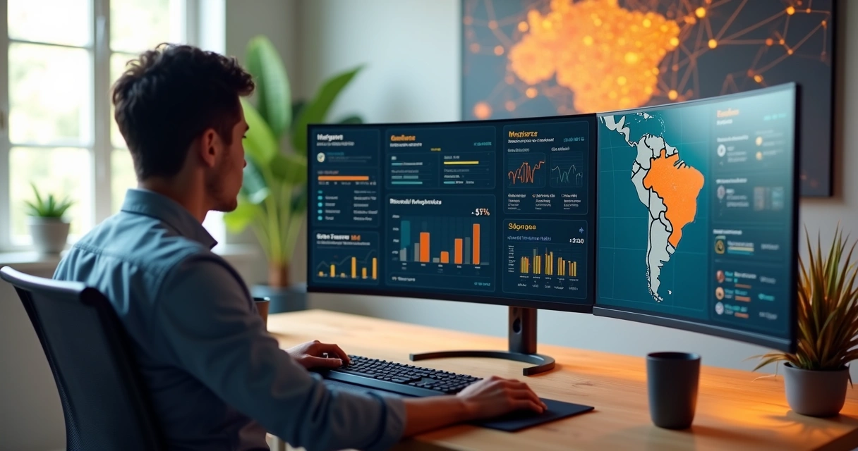 Afiliado brasileiro analisando diferentes plataformas de afiliados em telas digitais 