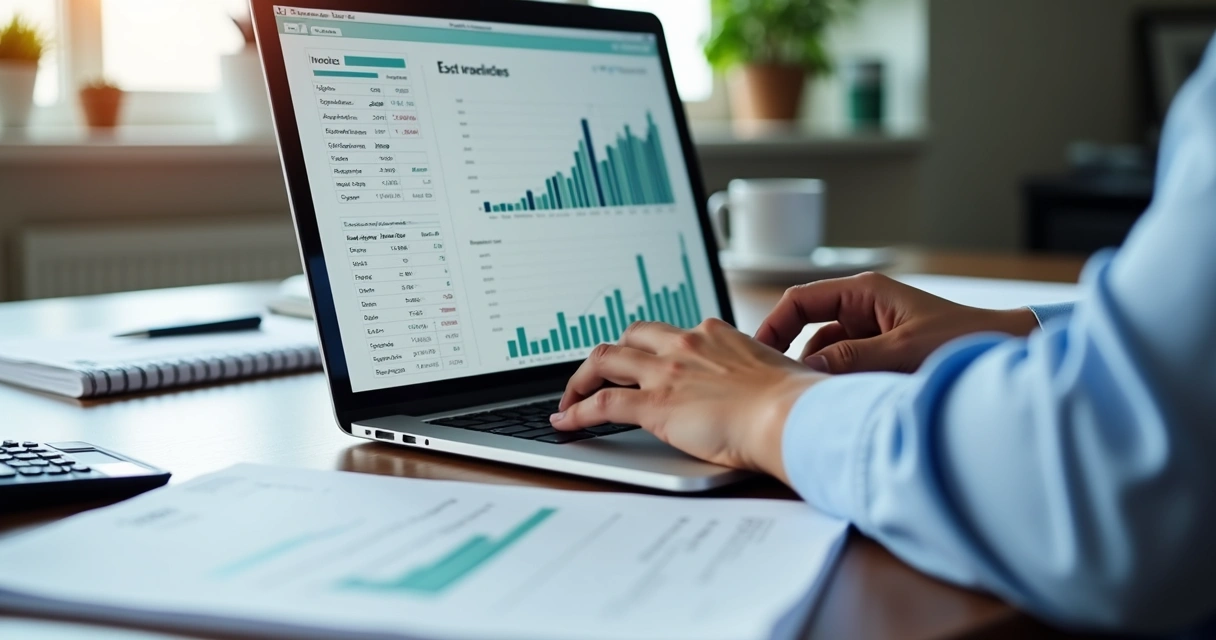 Profissional analisando relatórios fiscais em computador com gráficos e notas fiscais na mesa 