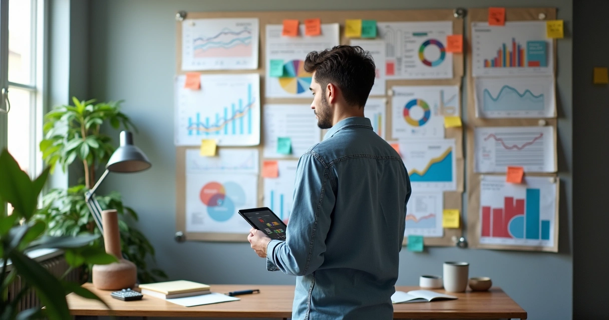 Afiliado observando painel de métricas digitais colorido na parede 