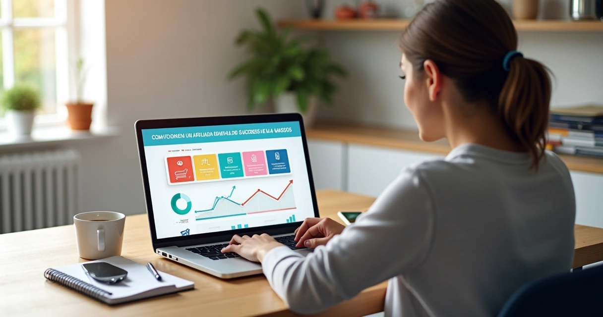 Pessoa estudando marketing de afiliados em notebook com quatro passos destacados na tela 