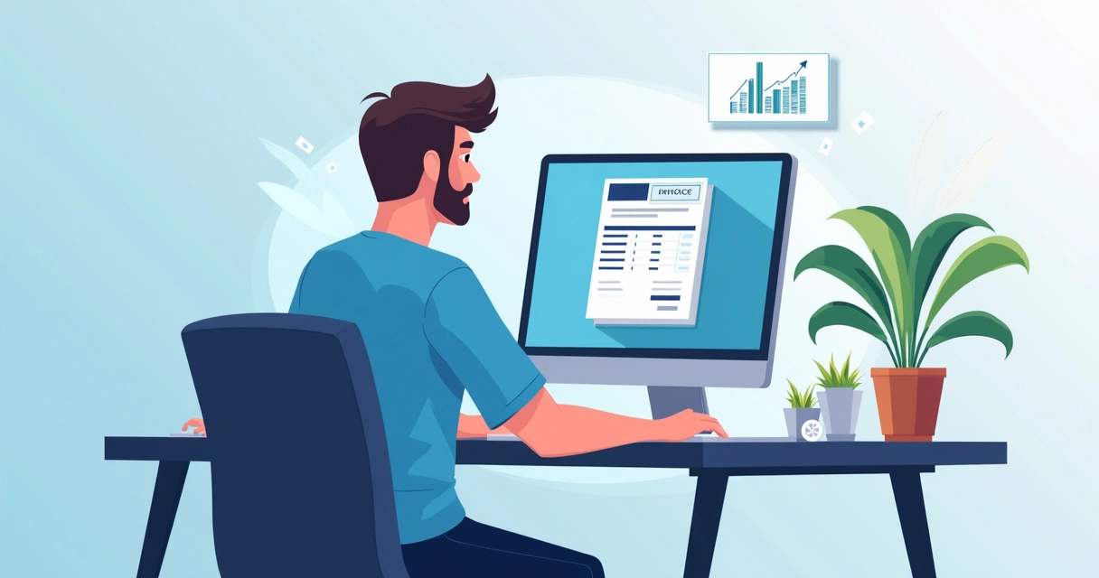 Ilustração de afiliado emitindo nota fiscal digital em computador 