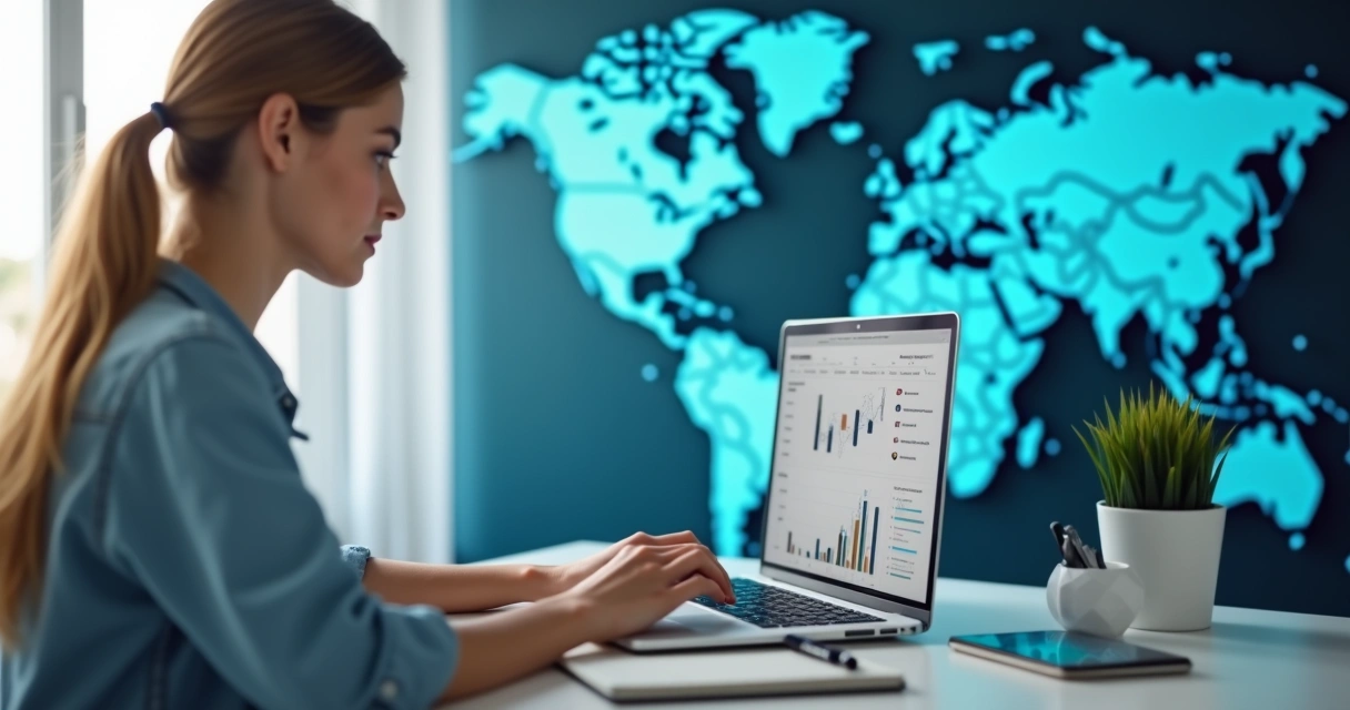 Afiliado iniciante analisando vendas internacionais no notebook 