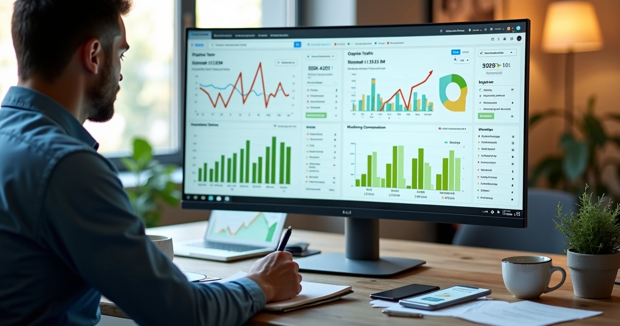Afiliado analisa campanhas de Google Ads em tela dividida com gráficos de SEO em escritório moderno 