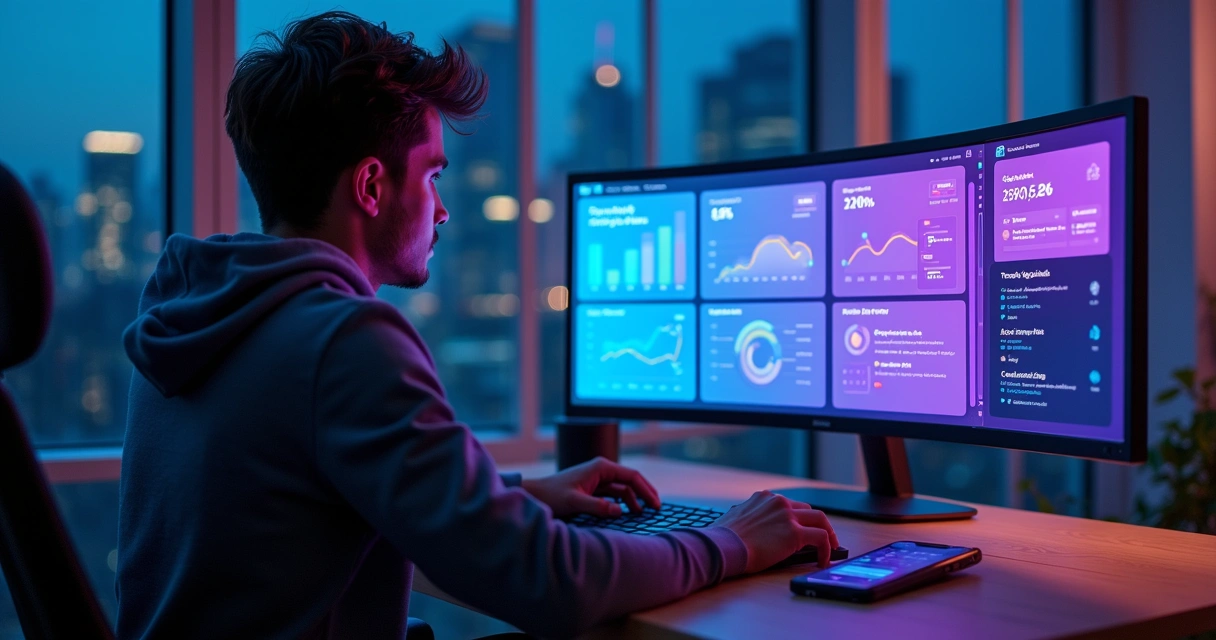 Afiliado iniciante usando painel com ferramentas digitais de marketing 