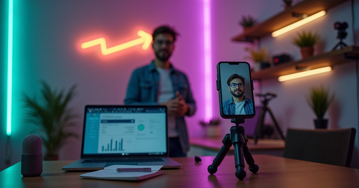 Afiliado digital gravando vídeo em estúdio caseiro criativo com notebook e iluminação 