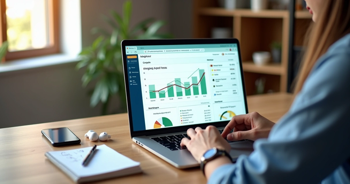 Afiliado de marketing digital trabalhando no notebook analisando gráficos de vendas 