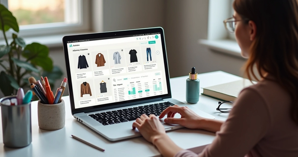 Pessoa usando notebook com produtos físicos ao redor em ambiente moderno 