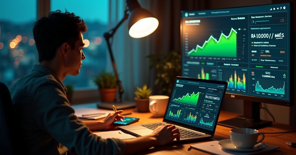 Afiliado digital analisando gráficos de vendas no notebook com meta de 10 mil reais destacada 