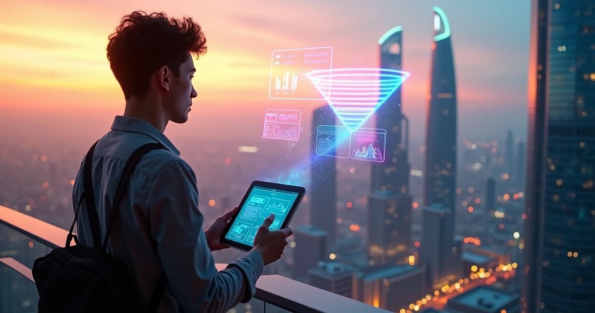 Profissional de marketing observa cidade digital com gráficos de conversão flutuando 