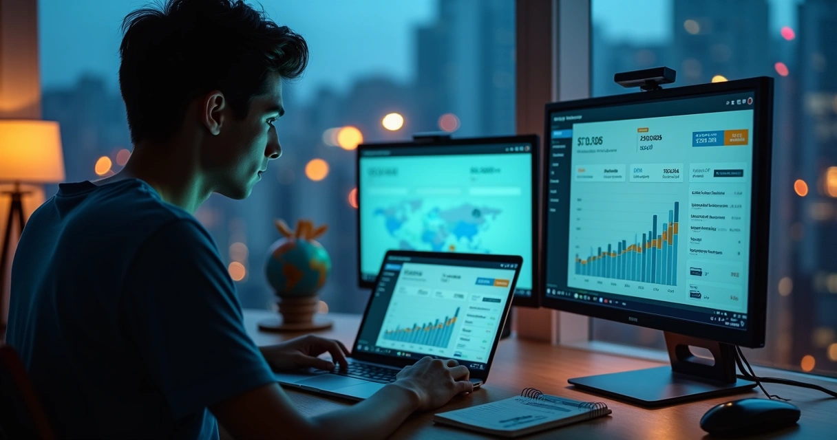 Afiliado analisando anúncios em dólar no notebook com gráficos de vendas em alta 