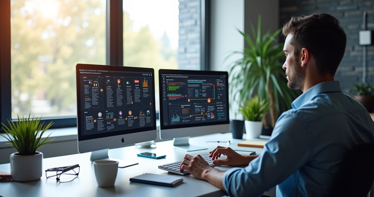 Pessoa organizando funis de vendas em computadores modernos 