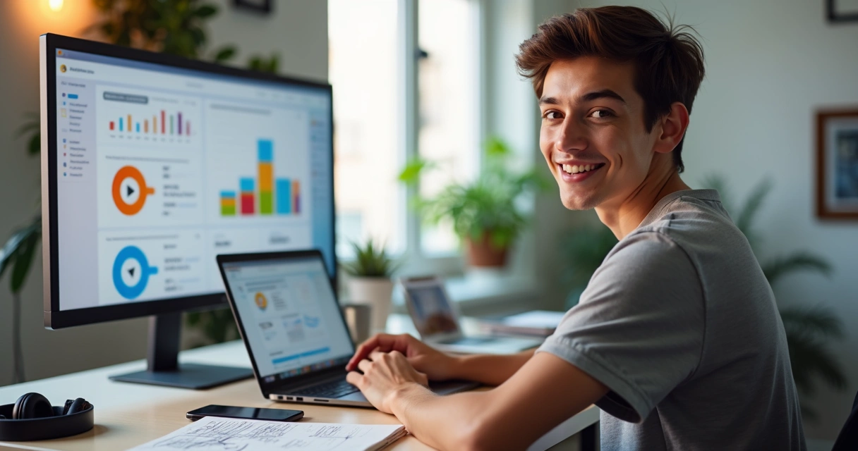Afiliado fazendo venda ao vivo pelo notebook com gráficos de resultados ao fundo 