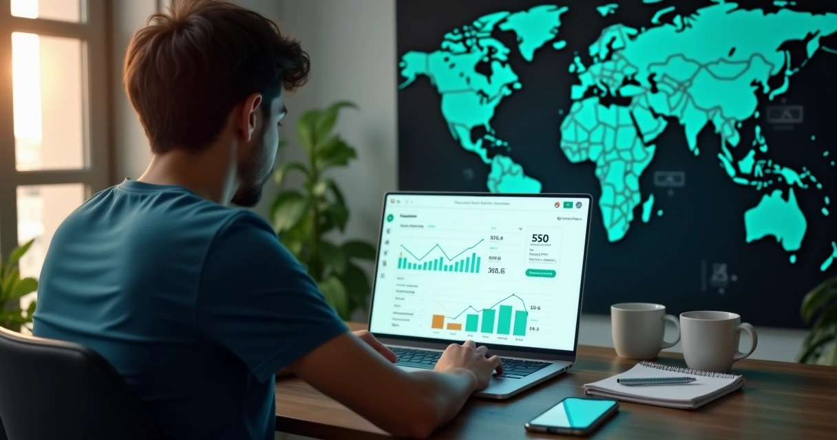 Afiliado brasileiro trabalhando no notebook com gráficos de vendas em dólares na tela 