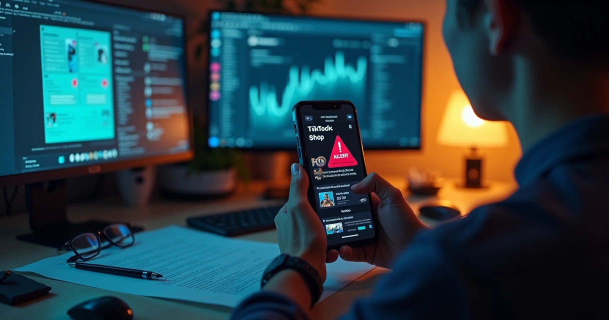 Afiliado analisando conta TikTok Shop em smartphone com alerta de risco na tela 
