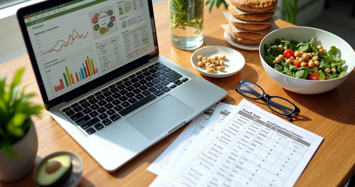 Mesa de trabalho com gráficos de afiliados e alimentos saudáveis lado a lado 