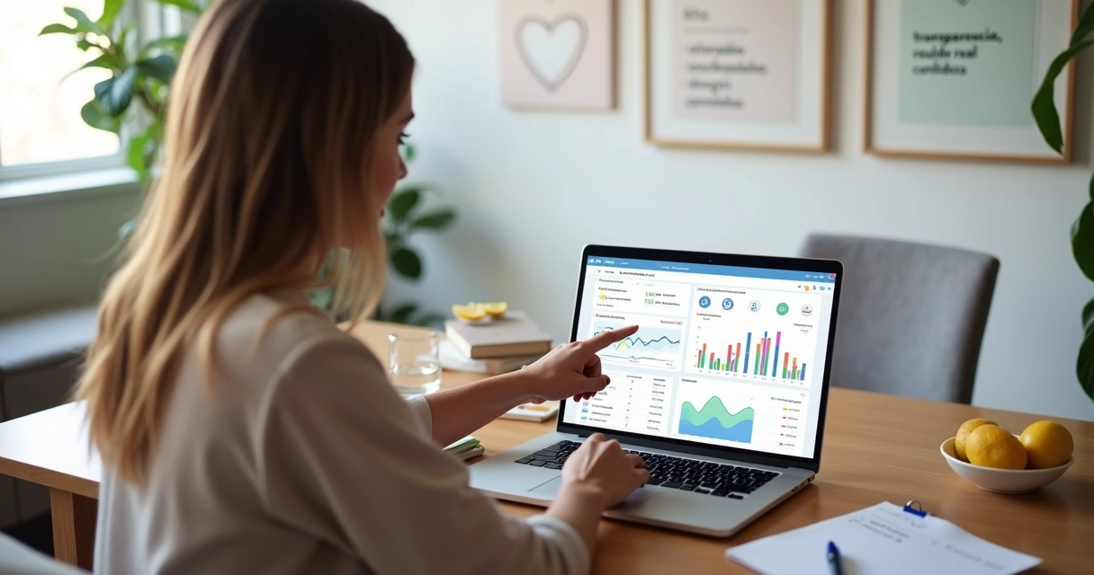 Mulher analisa gráficos de afiliados de emagrecimento em home office organizado 