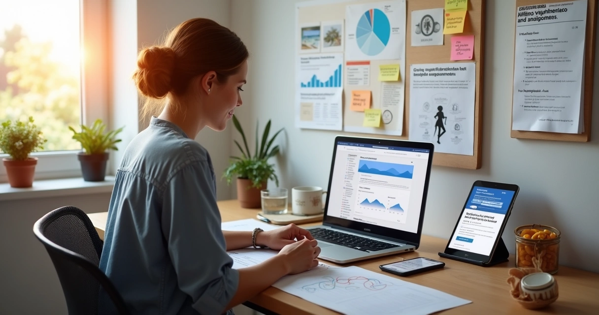 Mulher planeja estratégia de afiliados de emagrecimento em home office moderno 