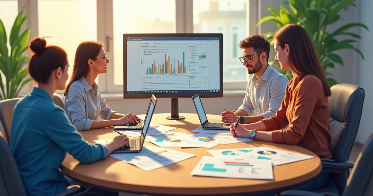 Reunião de trabalho em mesa com documentos e computadores abertos
