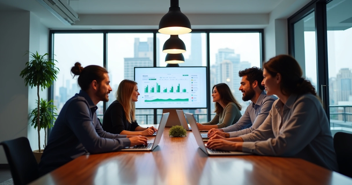 Equipe de afiliados reunida em uma mesa discutindo estratégias 